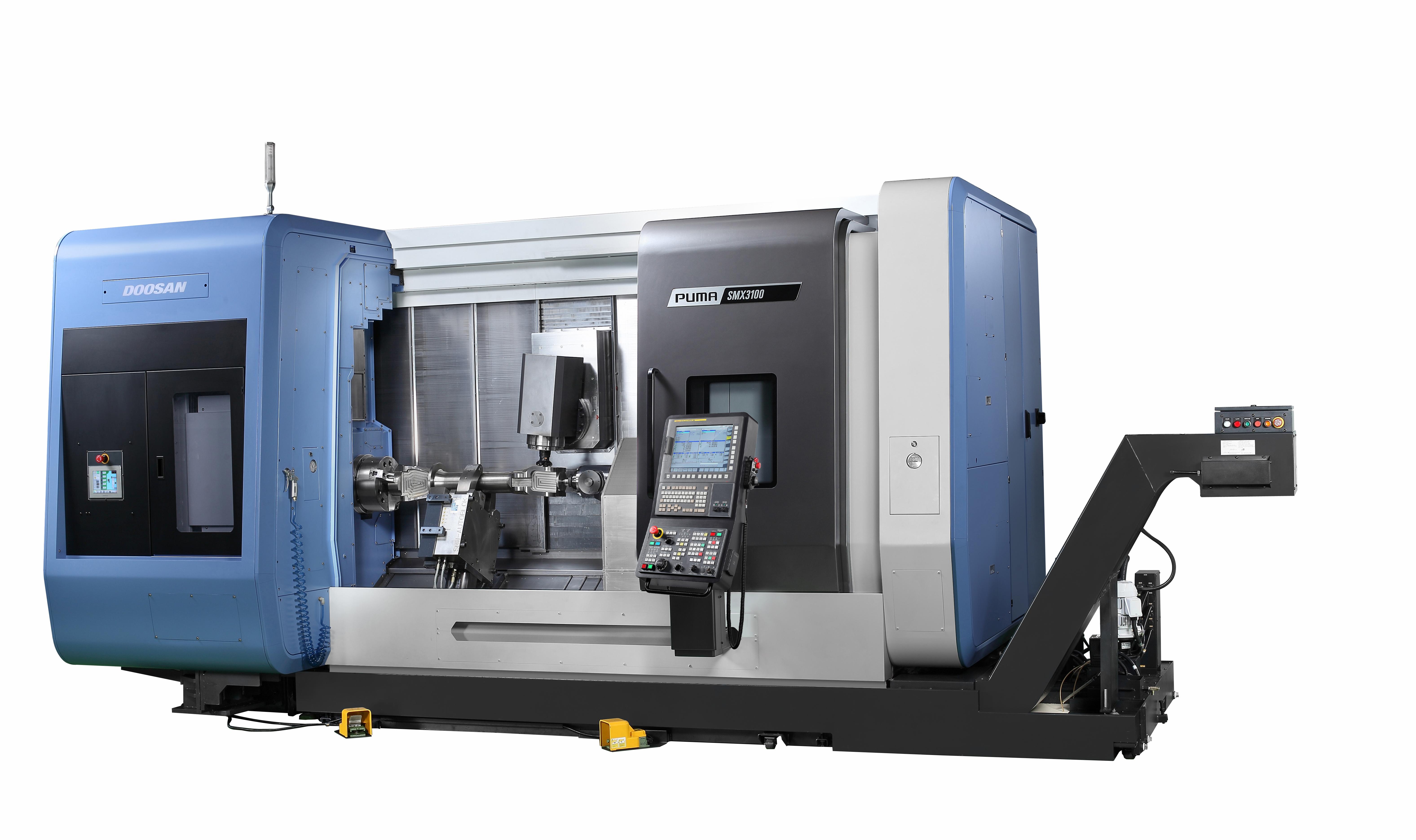 Doosan’s PUMA SMX3100ST multifunction mill-turn center boasts nine axes, dual spindles and an ATC capacity of up to 120 tools. (Image courtesy of Doosan Machine Tools America)
